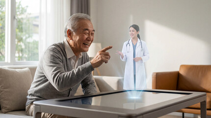Senior man receiving holographic telehealth doctor consultation at home