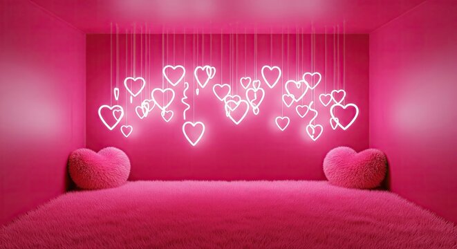 Monochromatic pink room with shaggy carpet, fuzzy heart pillows, and hanging white neon heart lights for a romantic setting.