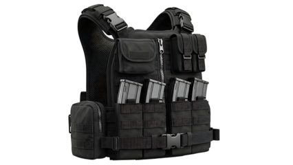 Black Tactical Vest with Rifle Magazines and Side Pouch