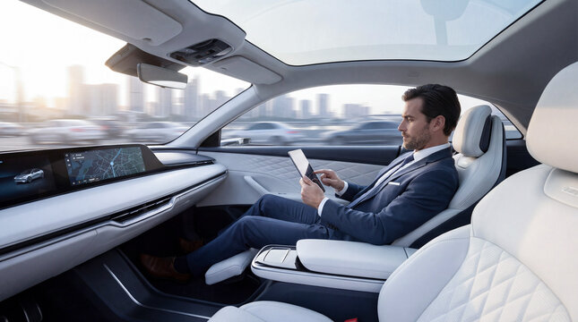 Businessman relaxing in autonomous vehicle using digital tablet
