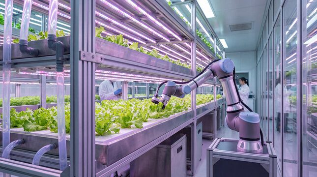 Robotic arm monitoring lettuce in vertical farming facility - Powered by Adobe