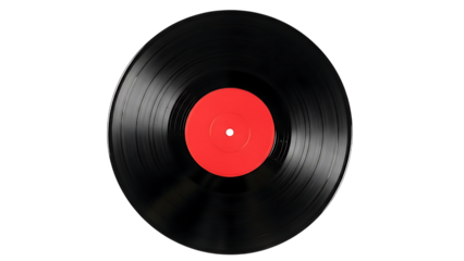 Black Vinyl Record with Red Label on Black Background