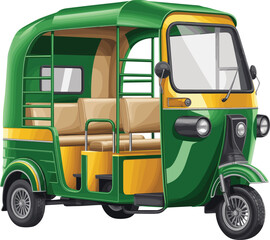 Colorful auto rickshaw illustration, traditional three-wheeler transport, Asian city taxi vehicle, public street mobility, urban transport icon