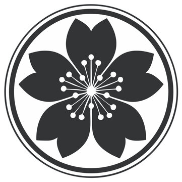 Japanese Sakura Cherry Blossom Flower Mon, Traditional Asian Floral Crest in a Circle