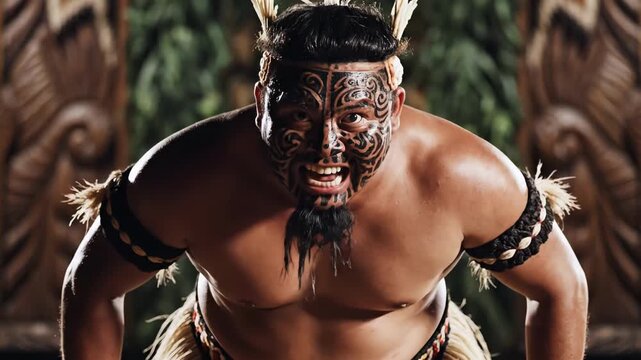 maori dance display, intense maori ceremonial dance showcasing ancestral heritage and pride, vigorous maori warrior performing haka in sacred setting with traditional adornments and fierce