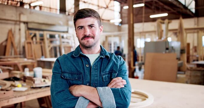 Face, entrepreneur and man with arms crossed, carpentry and manufacturing with career ambition. Business owner, person and professional with pride, furniture industry and wood artisan with skills