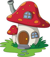 Cute cartoon mushroom house, fantasy fairy home illustration, whimsical nature cottage, magical children artwork, playful fairytale forest dwelling