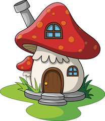 Cute cartoon mushroom house, fantasy fairy home illustration, whimsical nature cottage, magical children artwork, playful fairytale forest dwelling