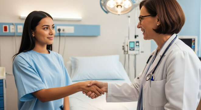 Smiling doctor shaking hands with patient in hospital room offering compassionate care and support, fostering trust and building a healthy doctor patient relationship