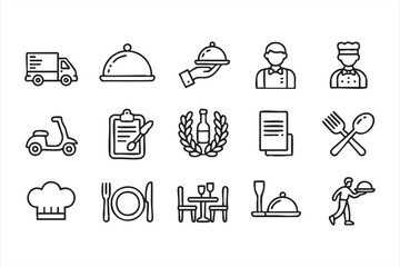 Hospitality and chef service line icons for menu, dining, and culinary marketing
