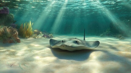 A graceful stingray swimming along the ocean floor, underwater scene with fish and coral reef.