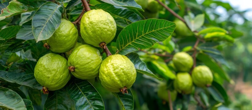 Green guava fruits ripening on a tree branch