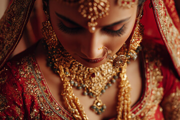 Portrait of an Indian bride in traditional wedding attire, adorned with intricate jewelry, saree draping and warm soft light. Elegant, cultural and detailed bridal imagery.