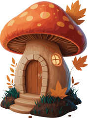 Cute cartoon mushroom house, fantasy fairy home illustration, whimsical nature cottage, magical children artwork, playful fairytale forest dwelling