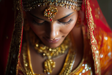 Portrait of an Indian bride in traditional wedding attire, adorned with intricate jewelry, saree draping and warm soft light. Elegant, cultural and detailed bridal imagery.