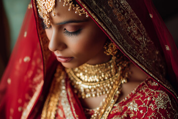 Portrait of an Indian bride in traditional wedding attire, adorned with intricate jewelry, saree draping and warm soft light. Elegant, cultural and detailed bridal imagery.