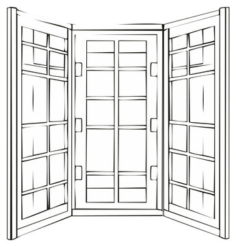 Open Double Pane Windows With Rectangular Panes And Hinges Drawing