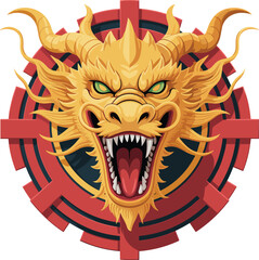 Fierce golden dragon head illustration with sharp teeth, glowing eyes and ornamental red circular emblem, symbolizing power, strength, mythology and fantasy art