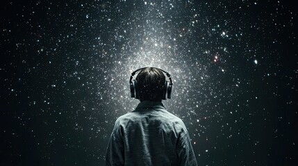 Person wearing headphones gazing at glowing starry galaxy sky symbolizing cosmic music inspiration imagination and connection