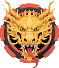 Fierce golden dragon head illustration with sharp teeth, glowing eyes and ornamental red circular emblem, symbolizing power, strength, mythology and fantasy art