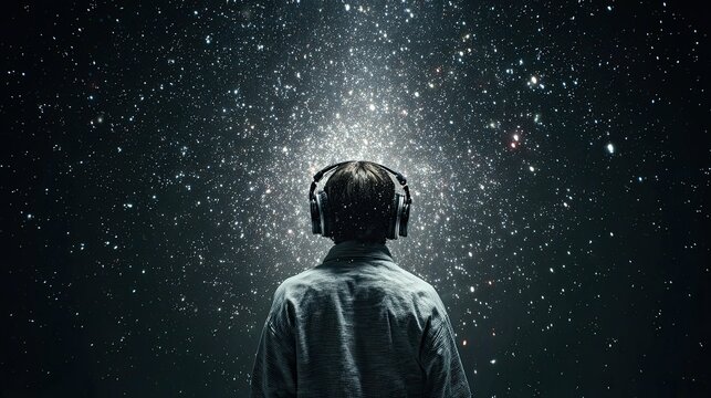 Person wearing headphones gazing at glowing starry galaxy sky symbolizing cosmic music inspiration imagination and connection