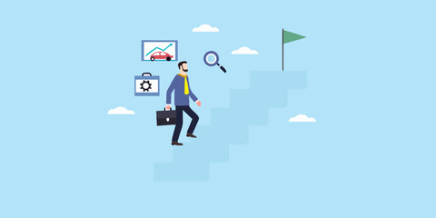 Businessman climbing stairs towards success with business icons