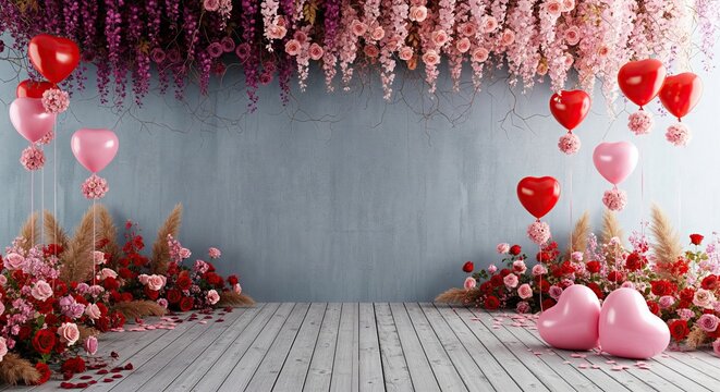 Romantic wedding or Valentine's Day photo backdrop with pink and red roses, heart balloons, and rustic wooden floor with copy space.