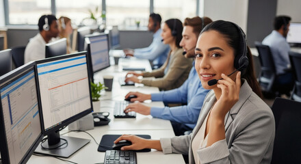 Friendly customer service representative assisting clients, offering solutions, and ensuring satisfaction in a modern, efficient call center environment