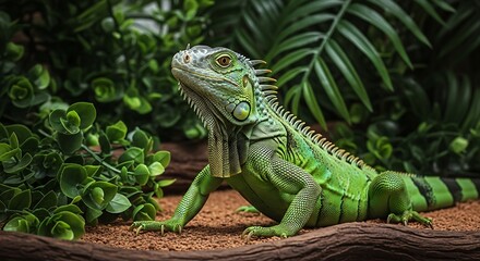 Fototapeta premium Green Iguana Portrait - A Vibrant Reptile in Lush Foliage.