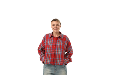 Woman smiles warmly while wearing casual attire, isolated on white, PNG