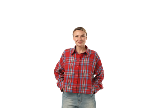 Woman smiles warmly while wearing casual attire, isolated on white, PNG