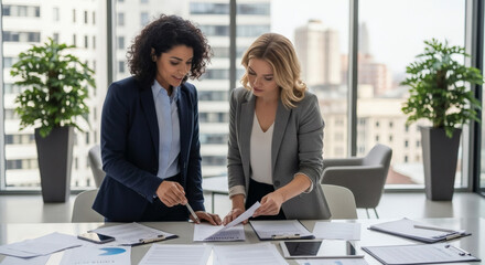 Two empowered businesswomen collaborating on strategy in a modern office, enhancing teamwork and driving growth with strategic planning and innovative ideas