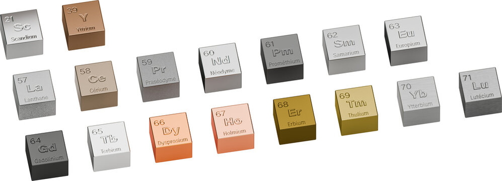 The 17 rare earth elements depicted as cubes with their atomic numbers, symbol and names engraved in French. Scandium Yttrium Neodym Lanthan Terbium Lutetium Holmium Praseodym Thulium Ytterbium