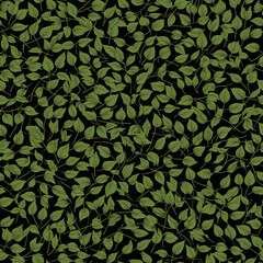 Seamless foliage pattern with olive-green leaves on black background, decorative botanical ornament for wallpaper, textile and packaging - AI generated