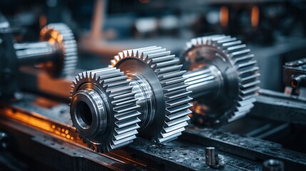 Close-up of industrial gears, meticulously crafted on a metallic surface in a manufacturing setting. The precision and detail highlight engineering excellence and mechanical prowess.