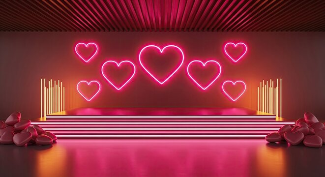 Vibrant cyberpunk style love theme with pink neon hearts on a podium, and piles of decorative hearts in the foreground. - Powered by Adobe