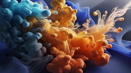 Vertical video of abstract colorful ink flowing and mixing. Blue, orange, and yellow paint splash in a fluid simulation. Modern CGI animation background - Powered by Adobe