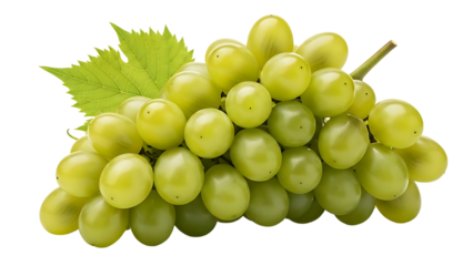Bunch of Green Grapes with Leaves on Black Background