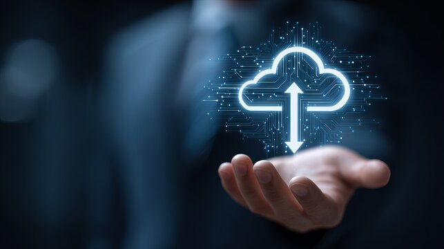 Seamless cloud data transfer in the palm of your hand represents modern technology and innovation for business growth, digital transformation, and security