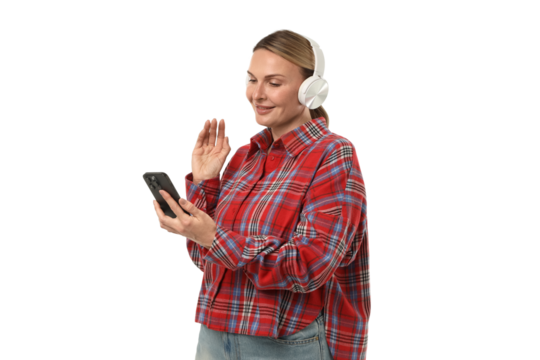 Woman in plaid chats on her smartphone, isolated on white, PNG