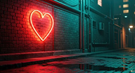 Vibrant red neon heart sign on a dark, wet brick wall in an empty city alley, creating a cyberpunk or moody love theme.