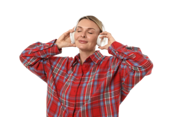 Person listens to music while wearing headphones, isolated on white, PNG