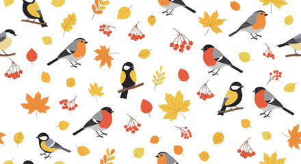 Delightful seamless pattern showcases a vibrant array of birds including robins and titmice nestled among colorful autumn leaves and berries.