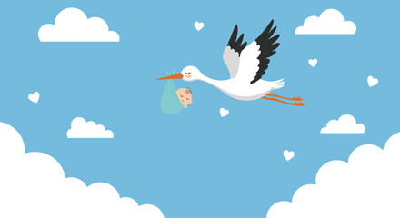 Naklejka premium Cheerful stork carrying a baby in a blue bundle flies through a bright blue sky filled with fluffy clouds and tiny hearts.