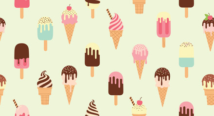 Delicious seamless pattern features a tempting variety of ice cream cones and colorful popsicles with diverse flavors and toppings.