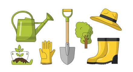 Comprehensive collection of gardening essentials including a watering can seedling gloves shovel tree and protective boots and hat.