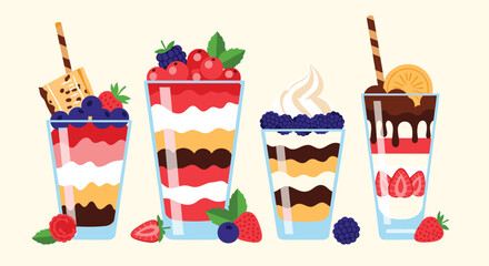 Delicious collection of four layered berry trifles or parfaits featuring strawberries blueberries raspberries and blackberries in elegant glasses.