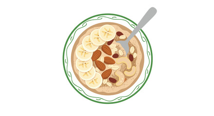 Healthy breakfast bowl of oatmeal or porridge topped with fresh sliced bananas crunchy almonds and cashews served with a fork.