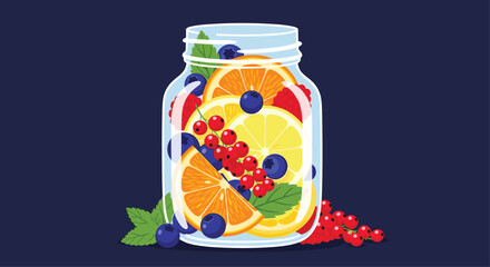 Refreshing mason jar brimming with sliced oranges lemons blueberries red currants raspberries and fresh mint leaves.
