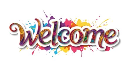 Colorful welcome sign with splatter background for greeting and announcements
